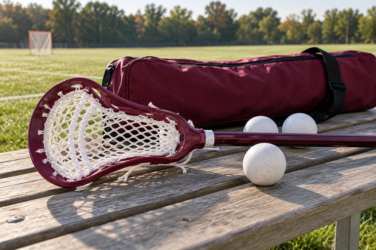 Lacrosse stringing and practice gear on a field bench